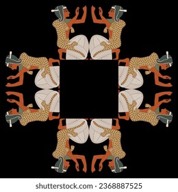 Geometrical ethnic cross shape ornament or frame with kneeling praying ancient Egyptian men or pharaohs with raised hands. On black background.