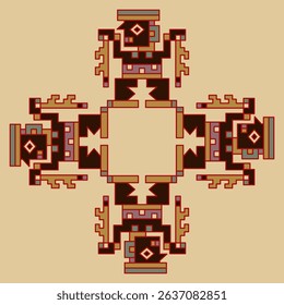 Geometrical ethnic cross shape ornament or square frame with four stylized human figurines. Indigenous Native American design of ancient Peru. Wari or Huari culture.