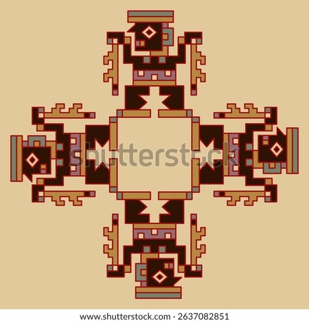 Geometrical ethnic cross shape ornament or square frame with four stylized human figurines. Indigenous Native American design of ancient Peru. Wari or Huari culture.