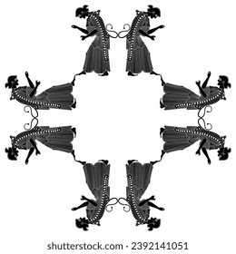 Geometrical ethnic design or cross shape frame with ancient Greek women or maenads. Vase painting style. Black and white silhouette.