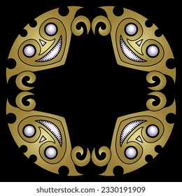 Geometrical ethnic design or frame with Native American masks from ancient Panama. Golden glossy silhouette with white pearl beards on black background.