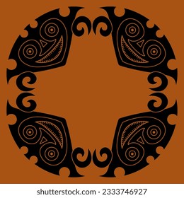 Geometrical ethnic design or frame with Native American masks from ancient Panama. Halloween design. Black and orange silhouette.
