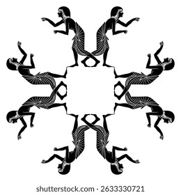 Geometrical ethnic frame with ancient Egyptian men. Black and white silhouette.