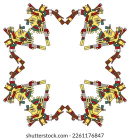 Geometrical ethnic frame with ancient Mexican Aztec gods or goddesses. Codex illustration. Native American art. Isolated vector illustration.