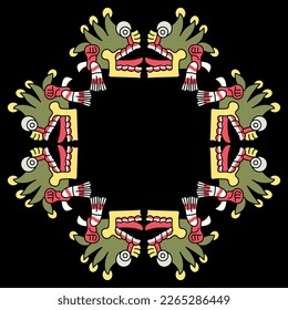 Geometrical ethnic frame with Aztec skulls with open mouths and tongues stick out. Native American symbol from Mexican codex. On black background.