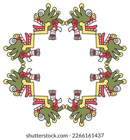 Geometrical ethnic frame with Aztec skulls with open mouths and tongues stick out. Native American symbol from Mexican codex. Isolated vector illustration.