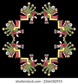 Geometrical ethnic frame with Aztec skulls with open mouths and tongues stick out. Native American symbol from Mexican codex. On black background.