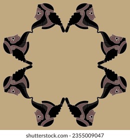 Geometrical ethnic frame with bearded heads of ancient Greek or Assyrian men. 