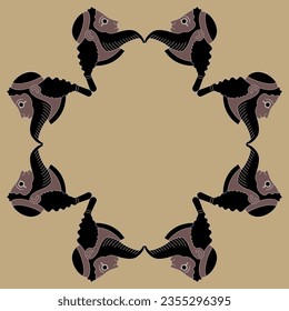Geometrical ethnic frame with bearded heads of ancient Greek or Assyrian men. 