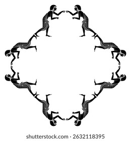 Geometrical ethnic frame with boxing ancient Egyptian men. Black and white silhouette.