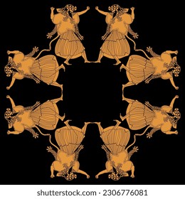 Marco étnico geométrico con hombres griegos antiguos bailando. Dios del vino Dionisio o Bacchus. Estilo de pintura de malla. Sobre fondo negro.