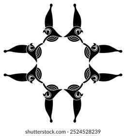 Geometrical ethnic frame with falcon heads of Ancient Egyptian god Horus wearing royal pharaoh crown. Black and white silhouette.