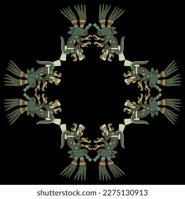 Geometrical ethnic frame with fantastic animals. Native American art of Aztec Indians from Mexican codex. On black background.