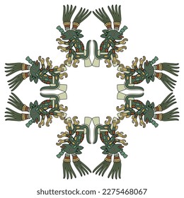 Geometrical ethnic frame with fantastic animals. Native American art of Aztec Indians from Mexican codex. Isolated vector illustration. 