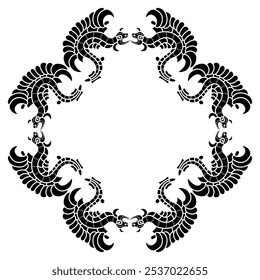 Geometrical ethnic frame with fantastic dragons. Border with feathered serpents. Native American motif of Mayan Indians. Black and white silhouette.