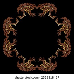 Geometrical ethnic frame with fantastic dragons. Border with feathered serpents. Native American motif of Mayan Indians. On black background.