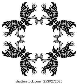 Geometrical ethnic frame with fantastic dragons. Border with feathered serpents. Native American motif of Mayan Indians. Black and white silhouette.