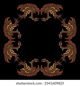 Geometrical ethnic frame with fantastic dragons. Border with feathered serpents. Native American motif of Mayan Indians. On black background.