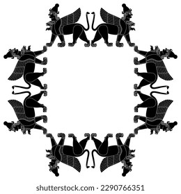 Geometrical ethnic frame with fantastic sphynxes. Winged lions with human heads. Ancient Syrian design from Karkemish. Mesopotamian mythology. Black and white silhouette.