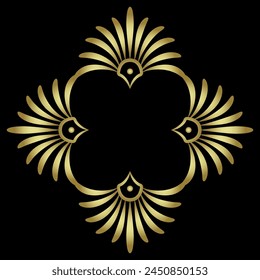 Geometrical ethnic frame with floral Ancient Greek palmette motifs. Golden glossy silhouette on black background.
