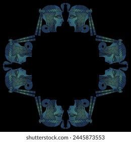 Geometrical ethnic frame with heads of ancient Egyptian queen or goddess.