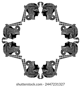 Geometrische ethnische Rahmen mit Köpfen der alten ägyptischen Königin oder Göttin. Schwarz-Weiß-Silhouette.