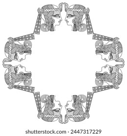 Geometrical ethnic frame with heads of ancient Egyptian queen or goddess. Black and linear white silhouette.