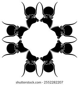 Geometrical ethnic frame with heads of ancient Egyptian sacred cow. Goddess Hesat or Hathor. Black and white silhouette.