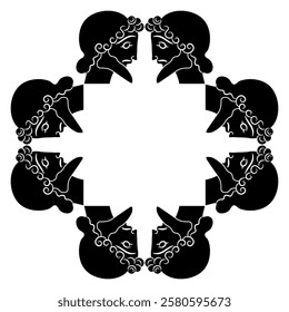 Geometrical ethnic frame with heads of ancient Greek men. Black and white silhouette.