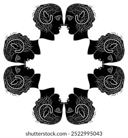 Geometrical ethnic frame with heads of Apollo Karneios. Horned antique god. Ancient Greek mythology. Black and white silhouette.