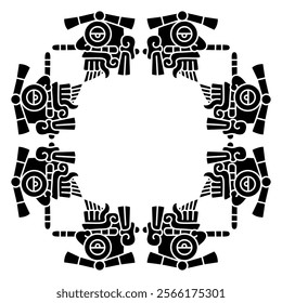 Geometrical ethnic frame with heads of Aztec god Tlaloc. Native American design. Black and white silhouette.