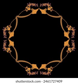 Geometrical ethnic frame with heads of a bearded ancient Greek Satyrs wearing ivy wreaths. Vase painting style. Black and orange silhouette.