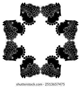Geometrical ethnic frame with heads of beautiful Ancient Greek women or goddesses. Portrait of antique lady wearing diadem and necklace. Black and white silhouette.