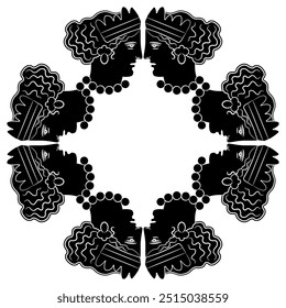 Geometrical ethnic frame with heads of beautiful Ancient Greek women or goddesses. Portrait of antique lady wearing diadem and necklace. Black and white silhouette.