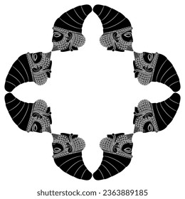 Geometrical ethnic frame with heads in profile of ancient Persian men from Persepolis. Male portrait of a bearded Achaemenid hero from Iran. Black and white silhouette.