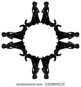 Geometrical ethnic frame with medieval women in long dresses. Black and white negative silhouette.