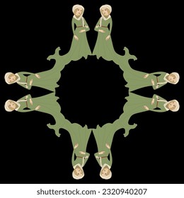 Geometrical ethnic frame with medieval women in long green dresses. On black background.