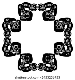Geometrical ethnic frame with Mesoamerican motifs. Two heads of Mayan warriors wearing elaborate helmets. Indigenous Native American design. Black and white silhouette.