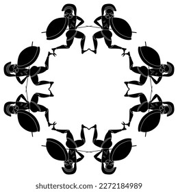 Geometrical ethnic frame with running ancient Greek warriors. Vase painting style. Black and white silhouette.