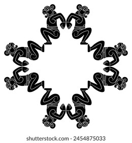 Geometrical ethnic frame with seated anthropomorphic jaguar men. Native American animal design of Totonac Indians from Veracruz, Mexico. Indigenous mythology. Black and white silhouette.