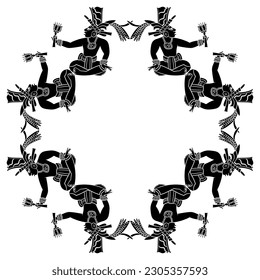 Geometrical ethnic frame with sitting ancient Mayan men holding flowers. Native American art. Black and white silhouette.