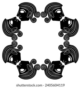 Geometrical ethnic frame with stylized human heads. Ancient Minoan design. Black and white silhouette.