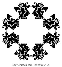 Geometrical ethnic frame with two stylized human heads. Native American art of Mayan Indians. Black and white silhouette.
