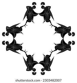 Geometrical ethnic frame with warrior women. Ancient Greek goddess Athena or Minerva. Vase painting style. Black and white silhouette.