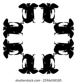 Geometrical ethnic frame with winged Ancient Greek goddesses. Vase painting style. Black silhouette on white background.