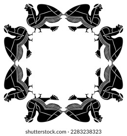 Geometrical ethnic frame with winged mythological creatures. Ancient Greek Siren or Harpy. Half bird half woman. Vase painting style. Black and white silhouette.