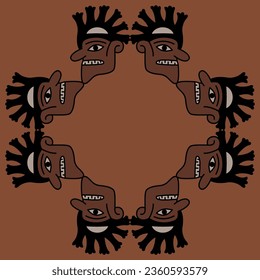 Geometrical ethnic ornament or frame with human heads. Native American design of Nazca Indians from ancient Peru.