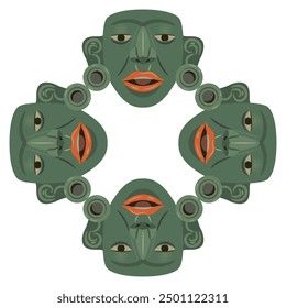 Geometrical ethnic ornament or frame with Pre-Columbian Native American jade masks of Maya Indians. Indigenous art. Green human heads with red lips. Isolated on white background.