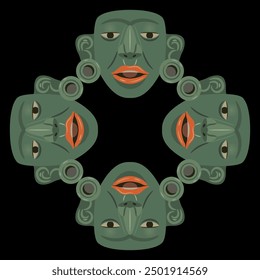 Geometrical ethnic ornament or frame with Pre-Columbian Native American jade masks of Maya Indians. Indigenous art. Green human heads with red lips. Isolated on black background.