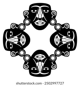 Geometrical ethnic ornament or frame with Pre-Columbian Native American human masks of Maya Indians. Indigenous art. Black and white silhouette.
